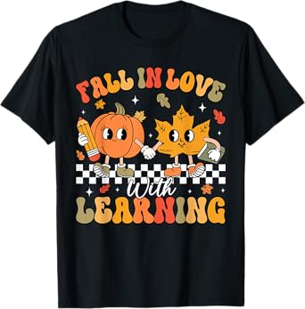 Retro Fall In Love With Learning Autumn Pumpkin Teacher T-Shirt