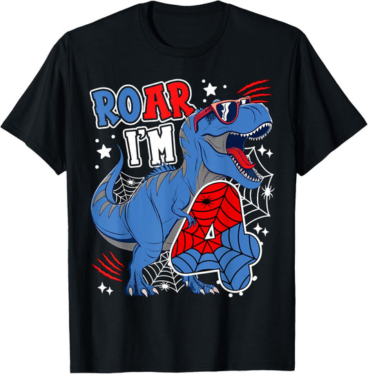 Dinosaur 4th Birthday Spider Theme Party 4 Years Boy Kids T-Shirt