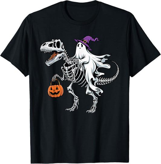 Ghost Riding Dinosaur T Rex Skeleton Halloween Funny Pumpkin T-Shirt