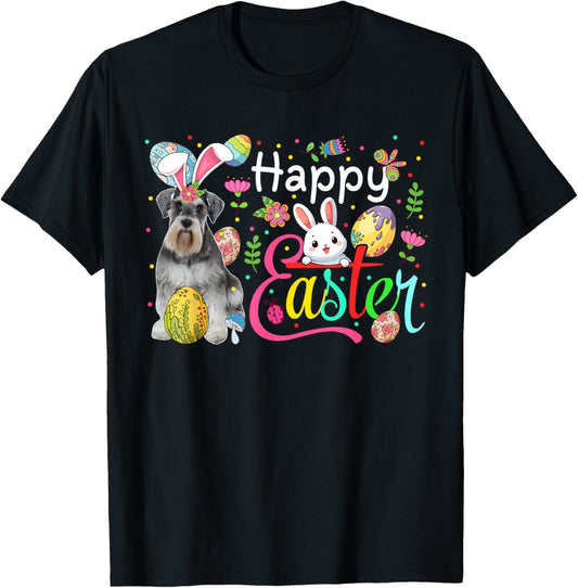 Happy Easter Schnauzer Cosplay Bunny Floral Chocolate Eggs T-Shirt