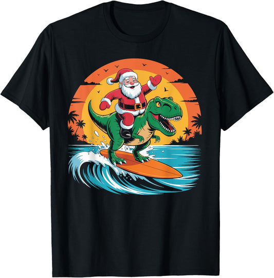 Santa Surfing dinosaur Sunset Merry Christmas In July Funny T-Shirt