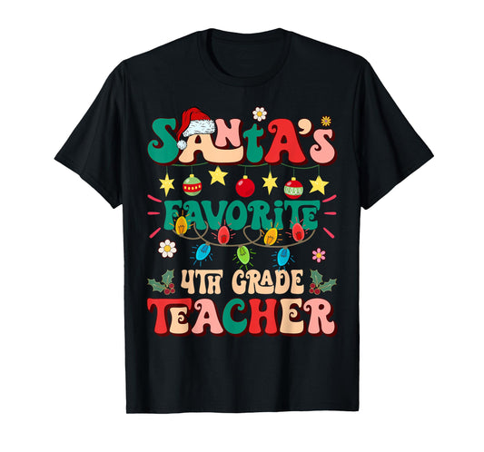 Retro Groovy Santa's Favorite 4th Grade Teacher Christmas T-Shirt