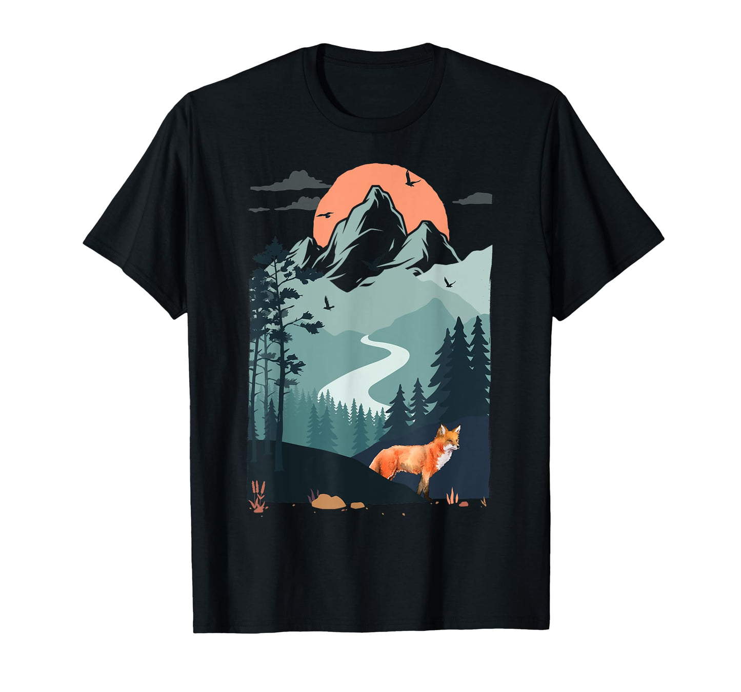 Mountain sunset Pine Tree Bird flying sky Red Standing Fox T-Shirt