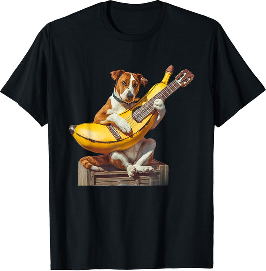 Retro Labrador Dog Playing Acoustic Guitar Banana Dog Lover T-Shirt