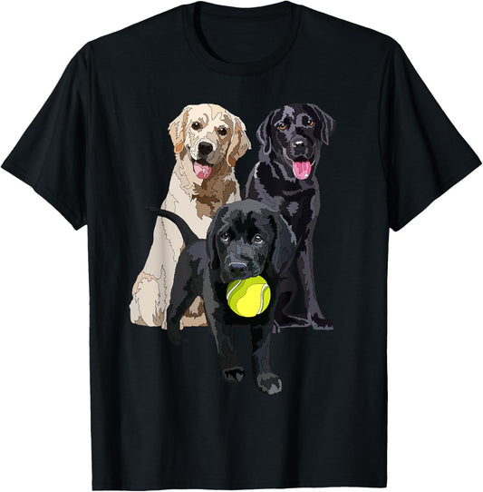 Happy Yellow Labrador Black Retriever And A Puppy Dog T-Shirt