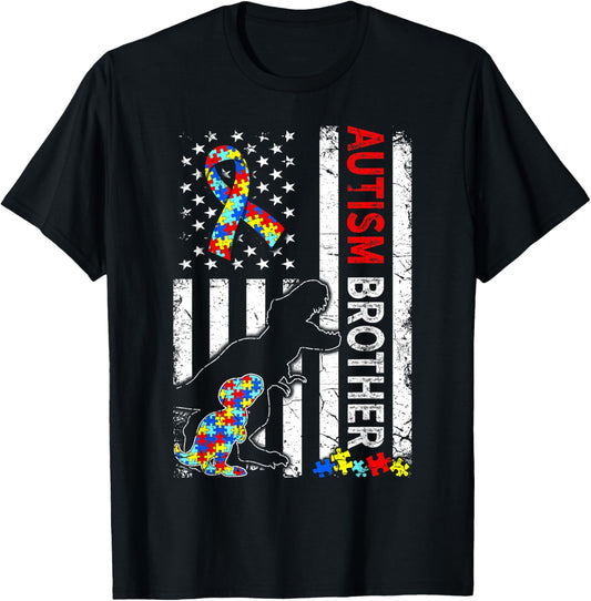 American Flag Autism Brother Dinosaur Awareness Autistic T-Shirt