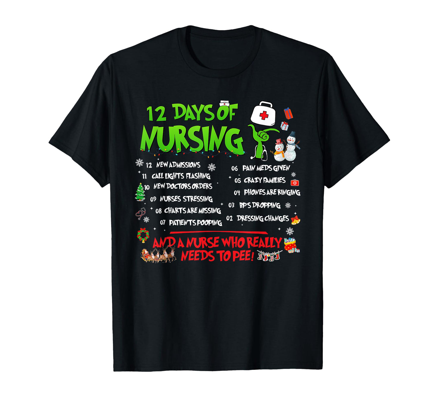 Nurses Merry Christmas Funny 12 Days of Nursing Xmas Pajamas T-Shirt