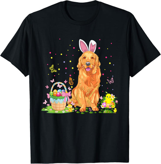 Cute Easter Golden Retriever Bunny Ears and Easter Basket T-Shirt