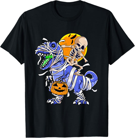 Skeleton Riding Mummy Dinosaur T rex Halloween Funny Pumpkin T-Shirt