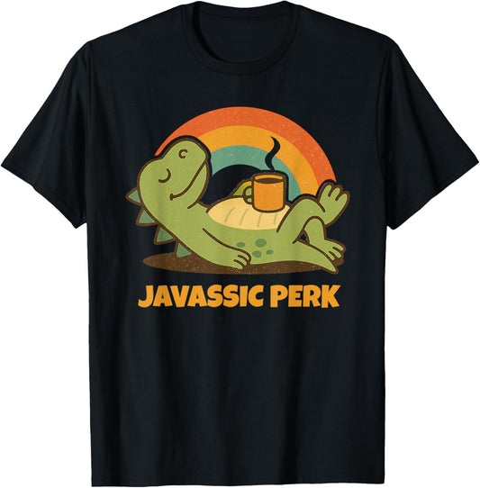 Javassic Perk Retro Sleepy Dinosaur Coffee Lover Funny Tee T-Shirt