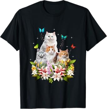 Kitten Lover Cute Cat Flower Butterfly Kitten Pet Animal T-Shirt