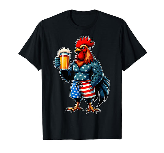 Chicken Holding Beer USA Flag Patriotic 4th of July Chicken T-Shirt