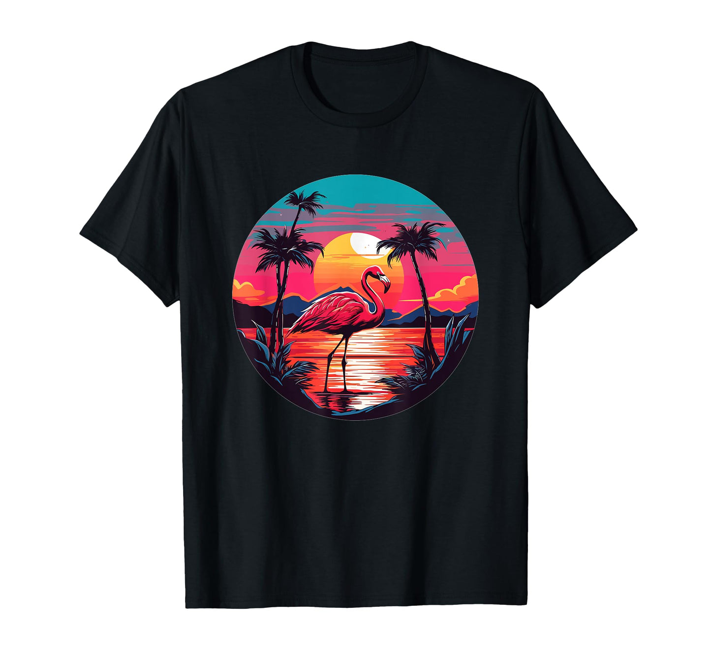 Flamingo Tropical Sunset Beach Palm Trees T-Shirt