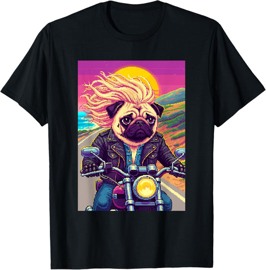 Biker Pug Funny Retro 80s Pixel Art Graphic T-Shirt