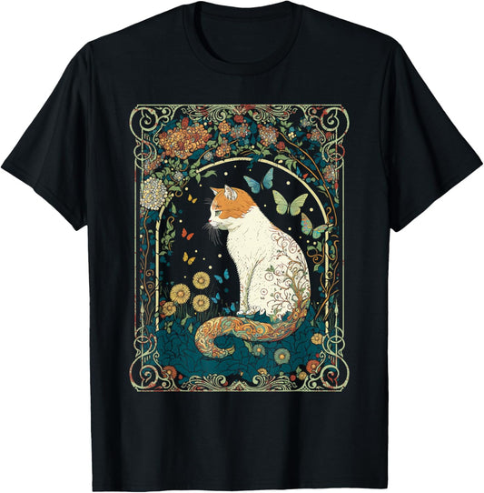 Cute Cottagecore Aesthetic Cat In Butterfly Garden Women T-Shirt