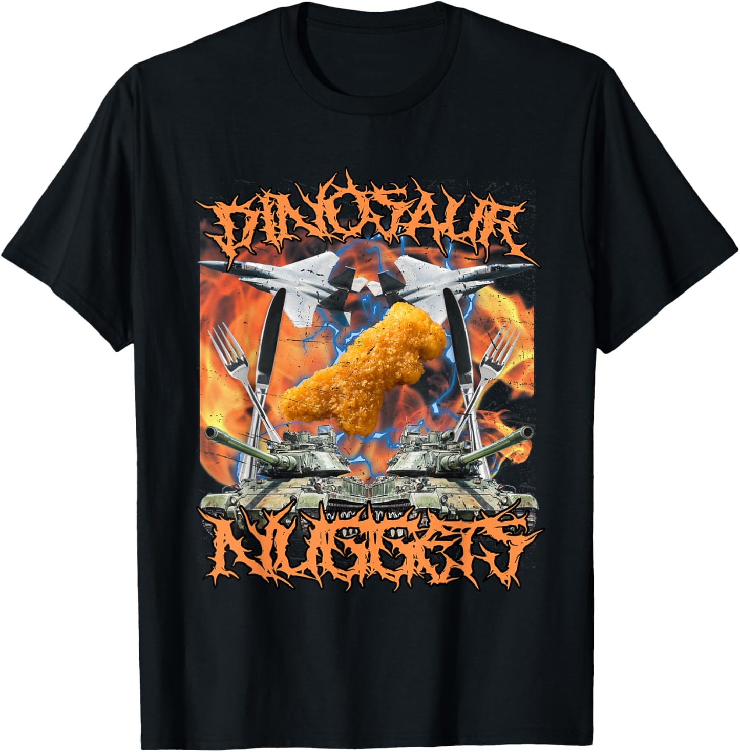 Funny Dinosaur Chicken Nugget Bootleg Hardcore Flames Meme T-Shirt