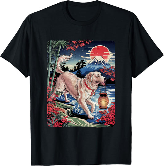 Golden Retriever Forest Mt Fuji Japanese Ukiyo-e Woodblock T-Shirt