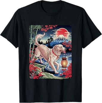 Golden Retriever Forest Mt Fuji Japanese Ukiyo-e Woodblock T-Shirt