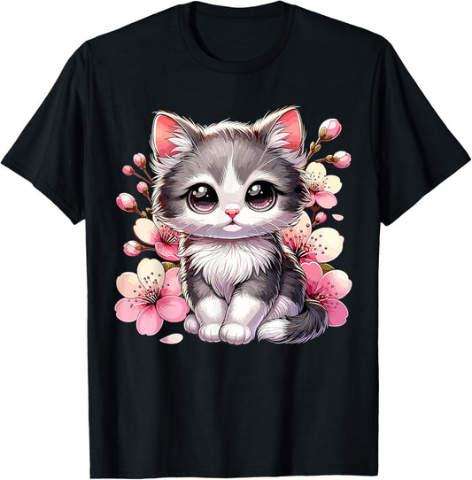 Cute Cat With Cherry Blossoms Cat T-Shirt