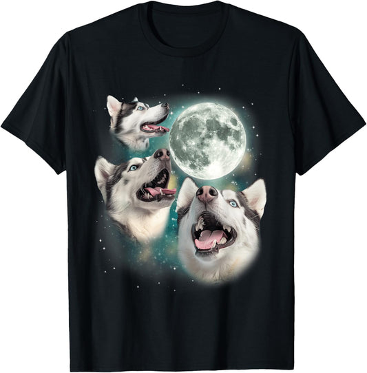 Three Siberian Huskys | 3 Arctic Dogs Howling Under The Moon T-Shirt
