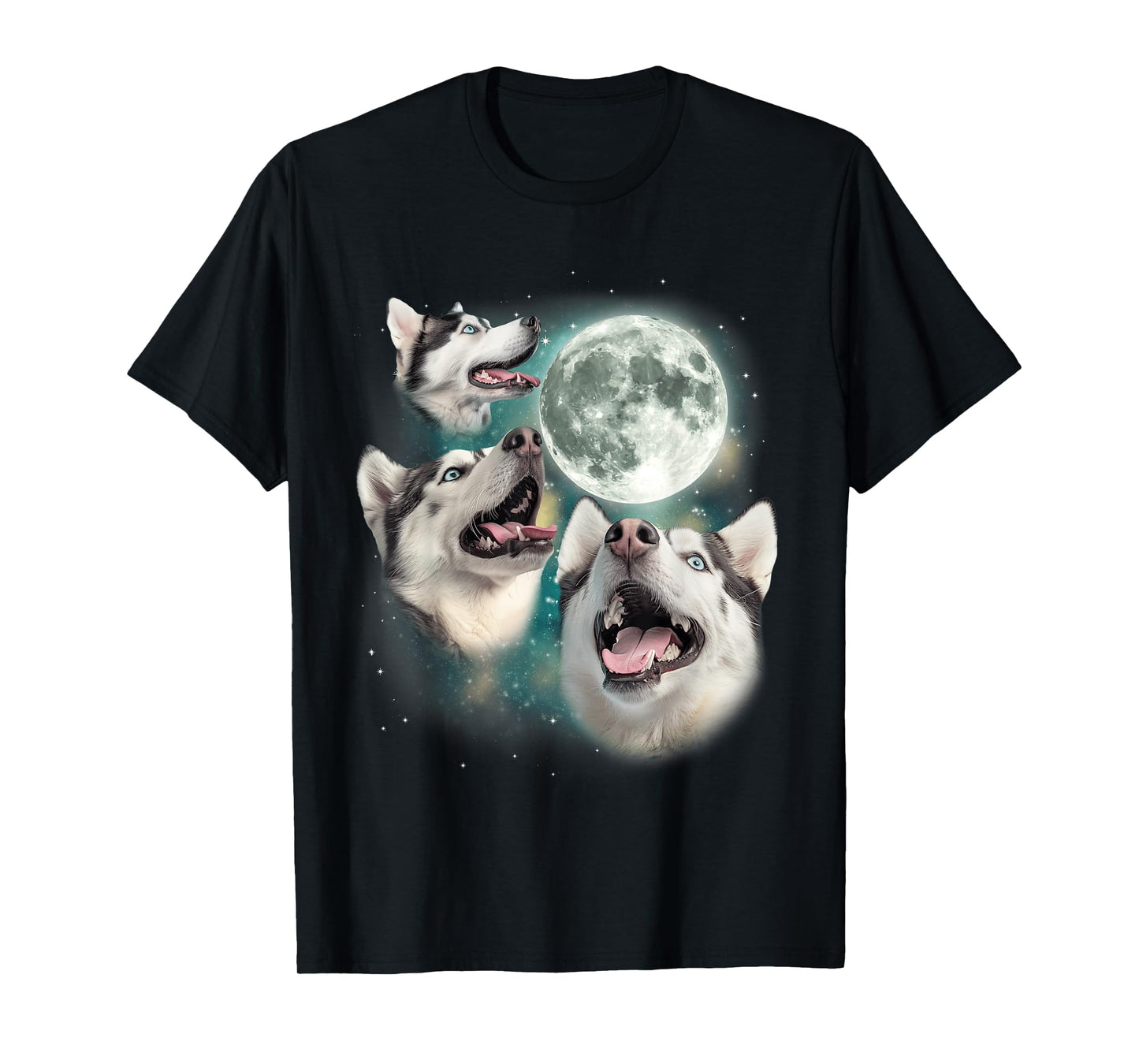 Three Siberian Huskys | 3 Arctic Dogs Howling Under The Moon T-Shirt
