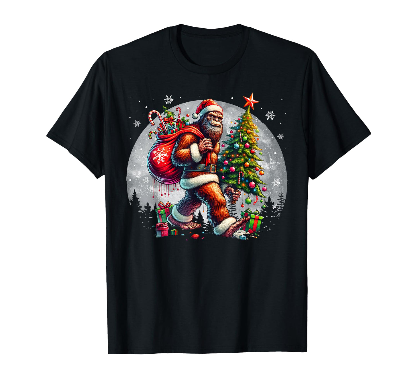 Santa Bigfoot Christmas Tree Xmas Lights Funny Sasquatch T-Shirt
