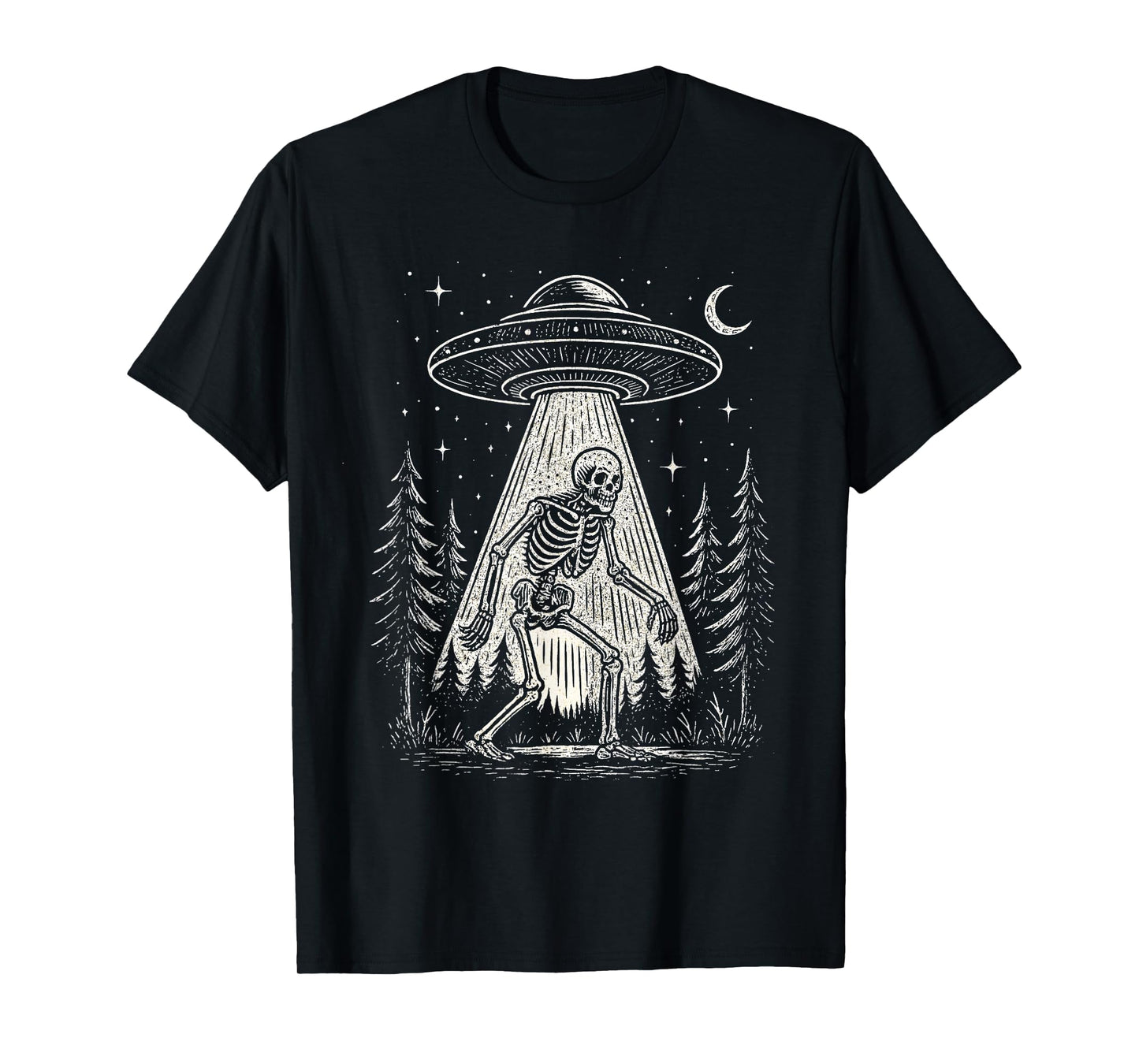 Skeleton and UFO Alien Halloween T-Shirt