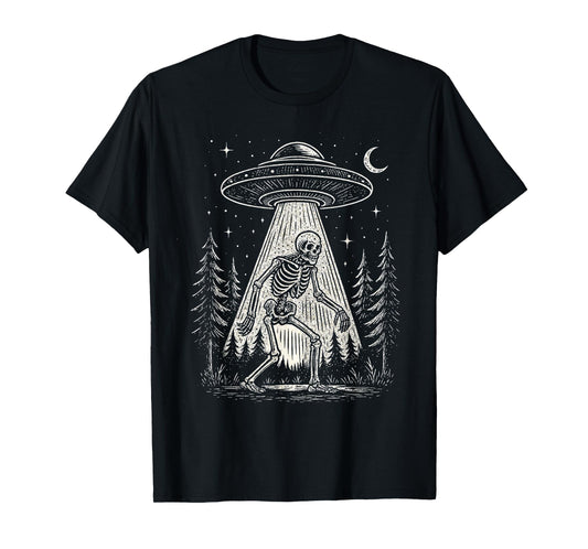 Skeleton and UFO Alien Halloween T-Shirt