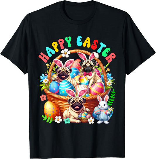 Three Easter Bunny Pugs In Eggs Basket Flowers Lover T-Shirt