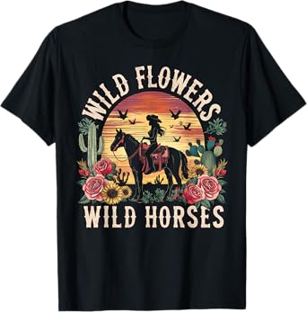Retro Southern Sunset Cowgirl Wild Flowers Wild Horses T-Shirt