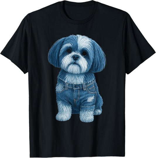 retro funny denim patch animal dog print For Men Women Kids T-Shirt