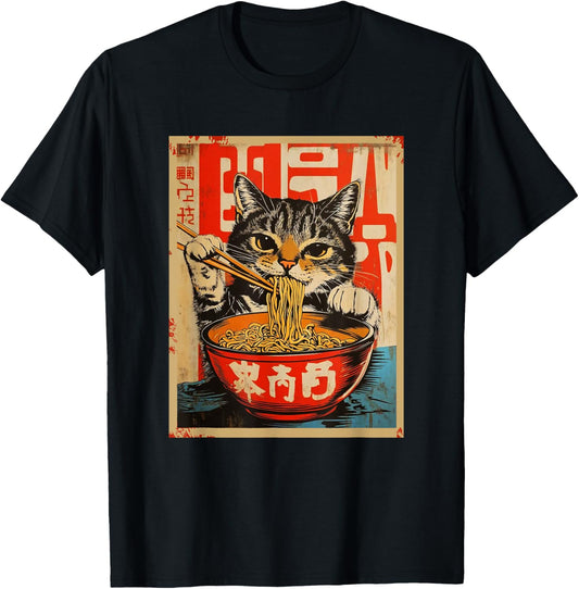 Vintage Cat Eating Ramen Noodles Japanese Art T-Shirt - Unisex - Black - Small - Short Sleeve - Crew Neck - T-Shirt - Cat Lovers, Foodies, Art Enthusiasts