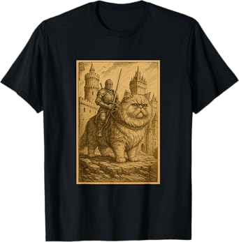 Medieval Knight Riding a Persian Cat Rider Surreal Feline T-Shirt for Men Women