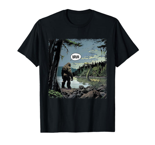 Classic Loch Ness Monster With Bigfoot Funny Animal Happily T-Shirt