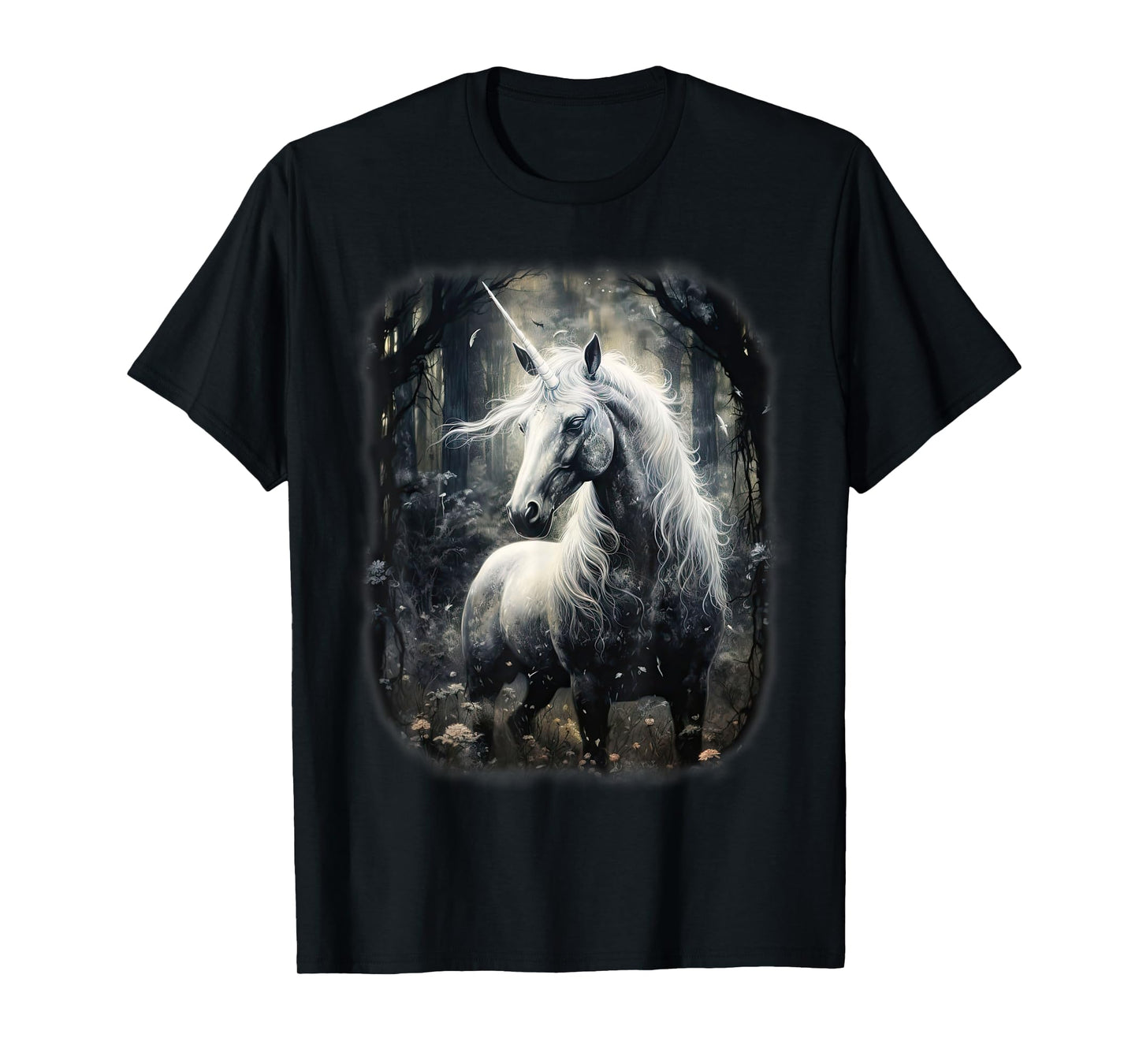 Fantasy white Unicorn standing in a Forest T-Shirt