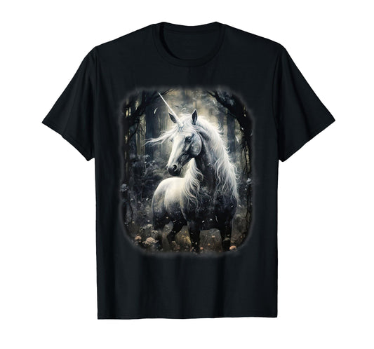 Fantasy white Unicorn standing in a Forest T-Shirt