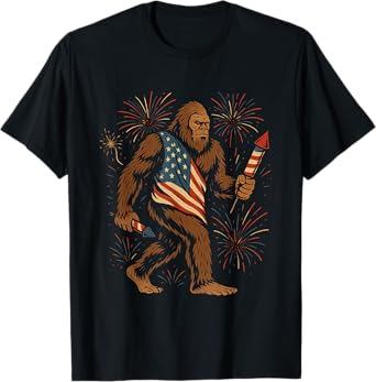 Bigfoot Fireworks 4th of July Men Sasquatch American US Flag T-Shirt