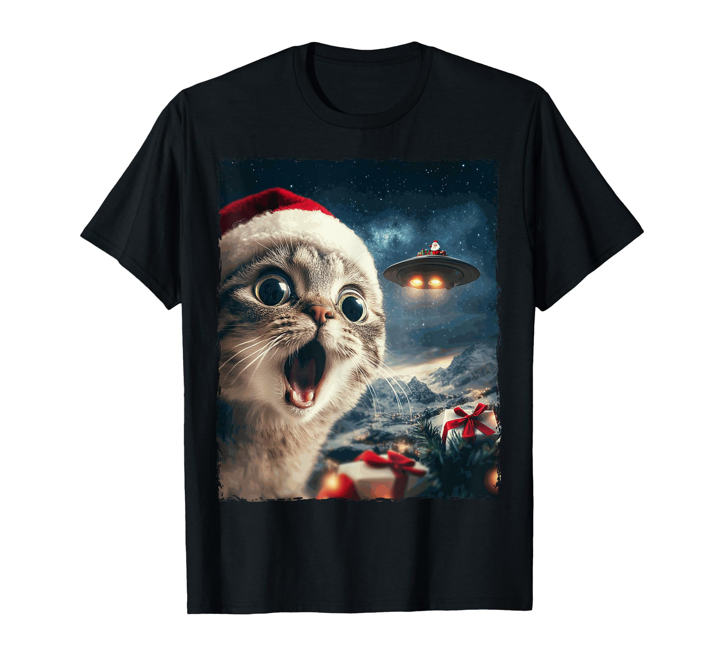 Funny Cat Selfie Santa Ufo Xmas Christmas Men Women Kids T-Shirt