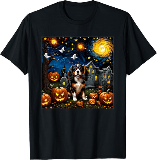 Spooky Halloween Cavalier King Charles Spaniel Starry Night T-Shirt