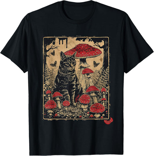 cottagecore aesthetic cat sits at toadstool mushroom T-Shirt