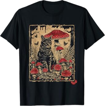cottagecore aesthetic cat sits at toadstool mushroom T-Shirt