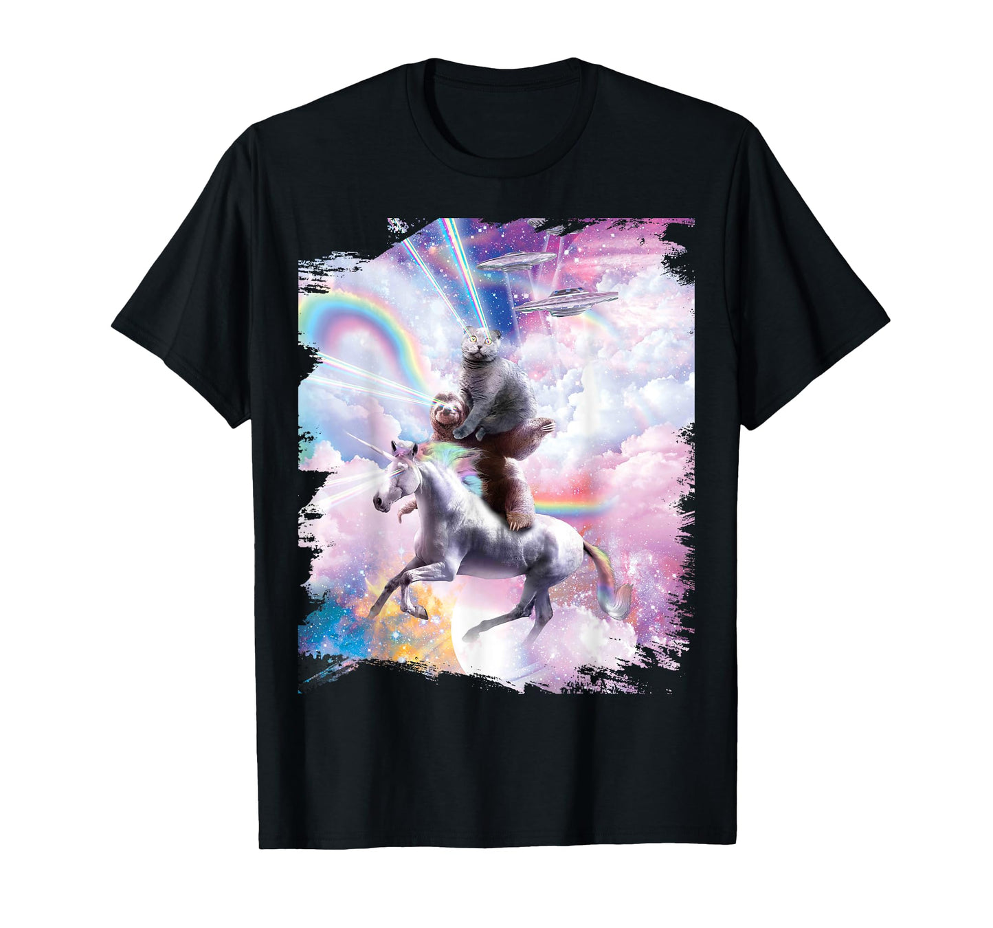 Laser Eyes Space Cat on Sloth Unicorn - Rainbow T-Shirt