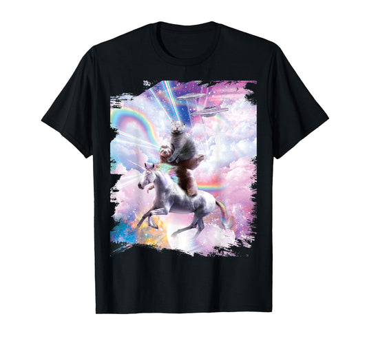 Laser Eyes Space Cat on Sloth Unicorn - Rainbow T-Shirt