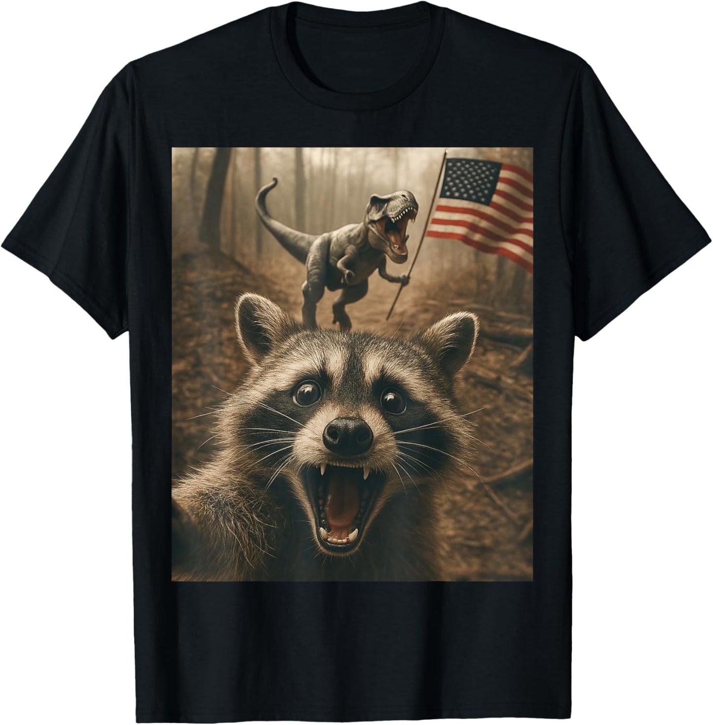 Raccoon Selfie With Trex Dino USA Flag Patriotic 4th of July T-Shirt