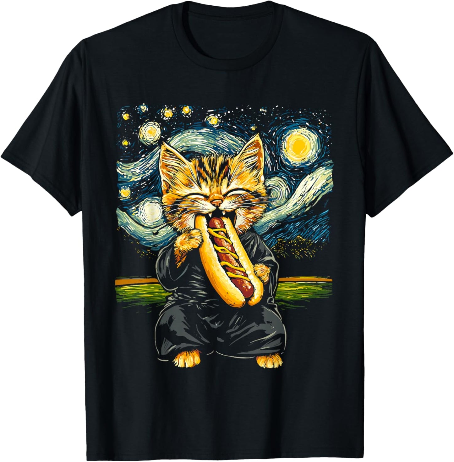 Funny Cat Eating a Hot Dog Under Starry Sky T-Shirt