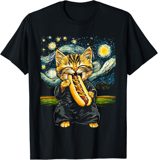 Funny Cat Eating a Hot Dog Under Starry Sky T-Shirt