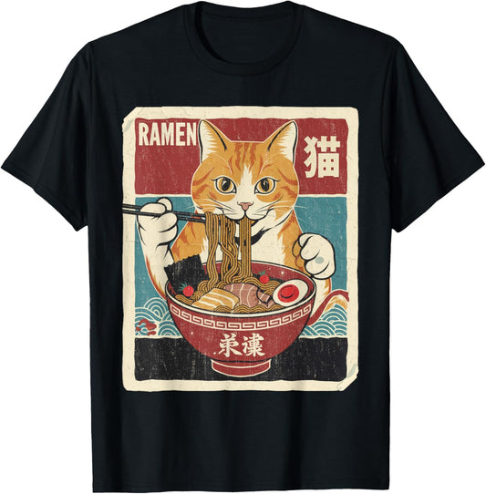 Funny Cat Ramen Cute Japanese Cat Eating Ramen Cat Anime T-Shirt