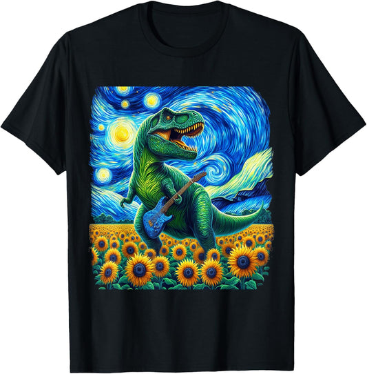 Dinosaur Starry Night Van Gogh Rock T Rex Playing Guitar T-Shirt