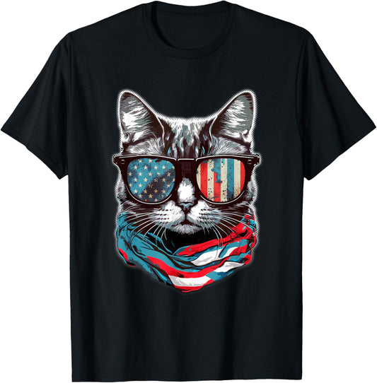 Kitty Cat Red White Blue American Flag Sunglasses T-Shirt