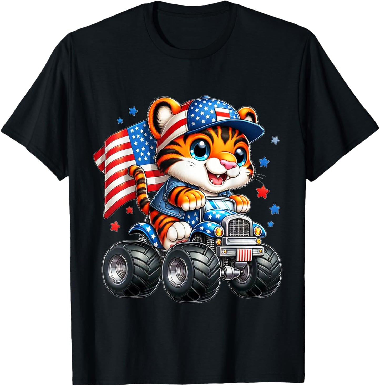 Patriotic Tiger Riding Monster Truck 4th July American Flag T-Shirt